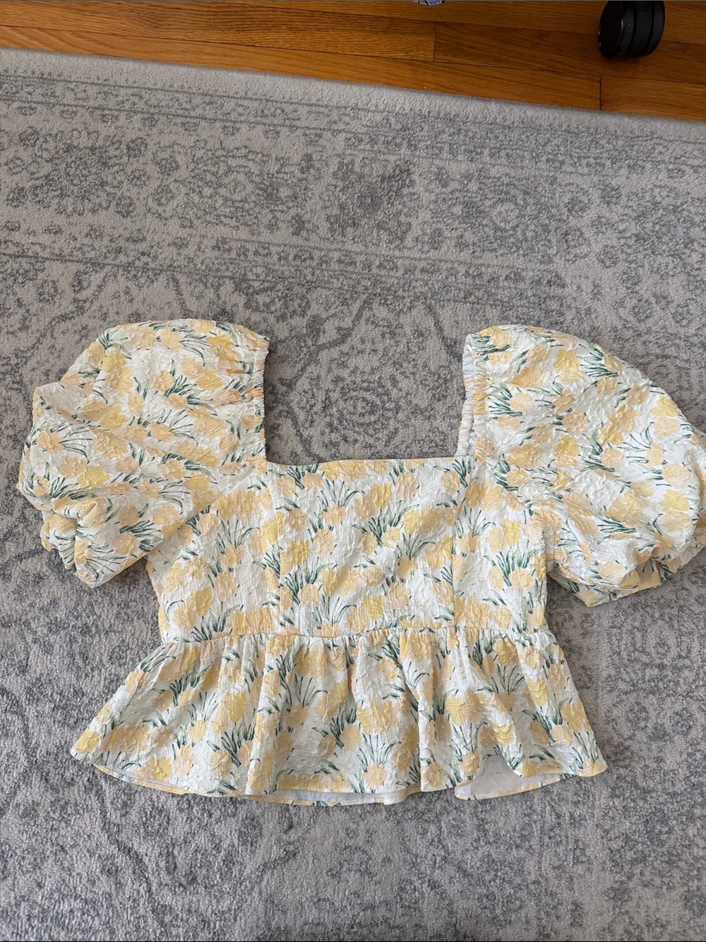 English Factory Yellow Floral Puff-Sleeve Square Neck Crop Top